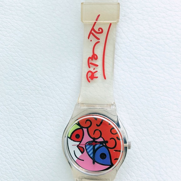 ROMERO BRITTO WATCH ~ Dog Fish Cat Pop Art Design on Face Signed Clear B… - Picture 1 of 4
